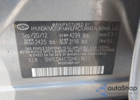 2013 Hyundai Sonata Se z USA, uszkodzony, nr VIN 5NPEC4AC7DH607633